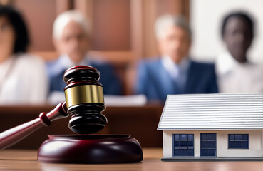 Justice in courthouse. Real Estate Purchase and Sale Transaction Litigation. Sale of Real Property. Lawyer in courtroom. House Sale. Mallet of judge in courtroom. Tax when selling a home and building