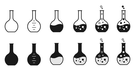 flat bottomed flask or boiling flask vector set. laboratory chemical glassware equipment. flat design illustration isolated on white background.