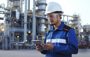 Asian male petrochemical engineer with a digital tablet inspecting quality control while standing in front of an oil and gas refinery plant in the industry factory.