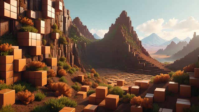 Landscape composed of voxels cubes. Abstract 3D terrain. Generative AI