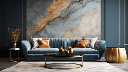 contemporary interior design with wall texture, sofa, and gold side table.