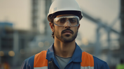 Portrait of engineer wearing a safety vest, protective goggles, blue coveralls, and a yellow hard hat in front of a petrochemical plant