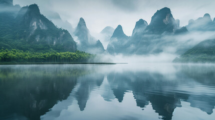 Asian background with Karst mountains, lake. 