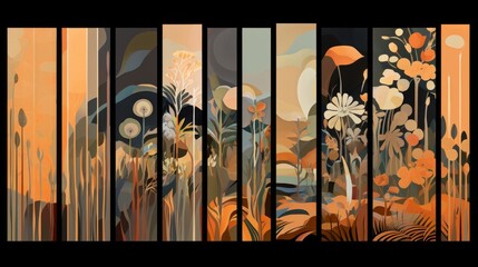 Bohemian inspired nature landscape art collection displayed in picture frames on a wall, adding a touch of minimalist style to home decoration. Mockup concept. Generative AI.
