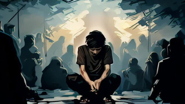 Teenager in depression scene sitting sadly alone,people around.Thinking about problems.