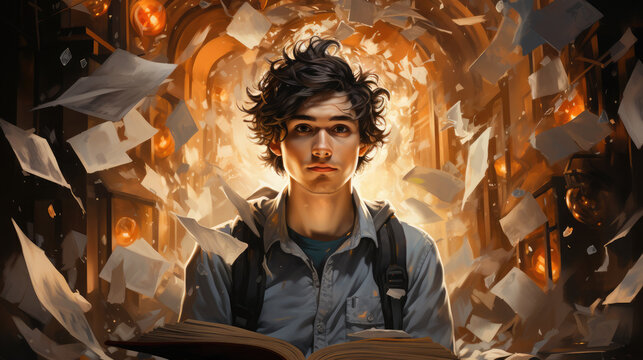 16-9 большеSurreal illustration, a man is bombarded with a lot of information, books, websites, letters, wallpaper background, generative AI