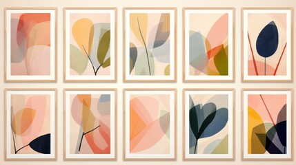 Mockup concept of Bohemian landscape artwork collection exhibited in picture frames on a wall, infusing minimalist charm into home decor. Generative AI.