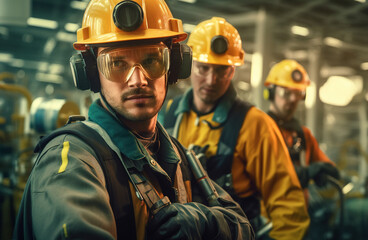 Male workers in work uniforms, protective glasses and helmet in industrial environment, oil platform or liquefied gas plant.