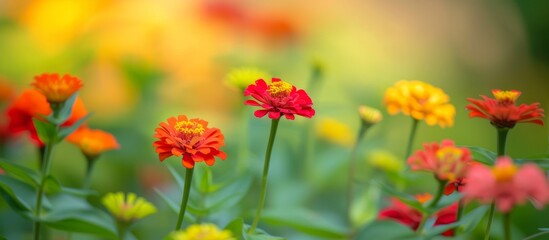 Fototapeta premium A beautiful meadow filled with a variety of flowering plants, including colorful flowers and orange petals, creates a vibrant natural landscape.