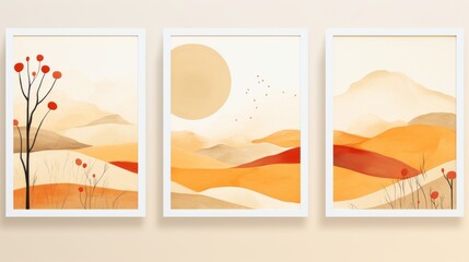 Mockup concept of Bohemian landscape artwork collection exhibited in picture frames on a wall, infusing minimalist charm into home decor. Generative AI.