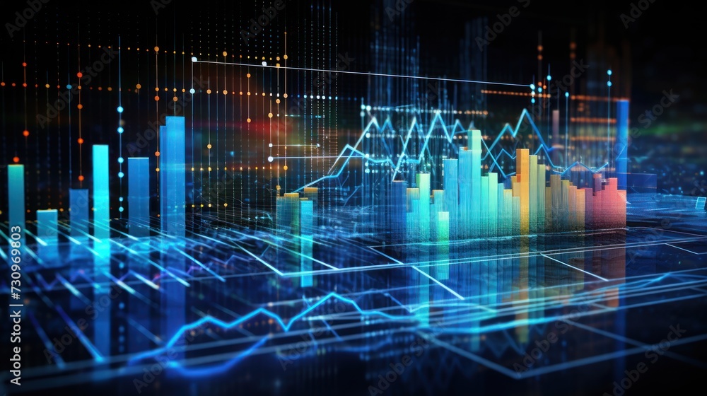 Poster representation of data analytics,charts, graphs and data driven insights emerging from a sea of info