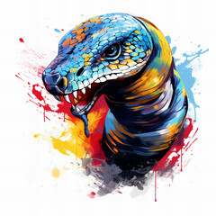 Vibrant Snake Art: Colorful Watercolor and Ink Splatter Serpent Illustration for Dynamic Wildlife and Abstract Design Themes