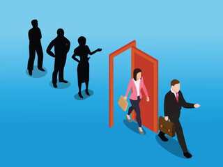 Job search. Competition for place at work. Business people 3d isometric vector illustration