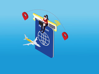 3d, isometric, vector, illustration, telecom, woman, design, people, technology, banner, isolated, office, man, computer, concept, cartoon, poster, template, team, wave, speech bubble, character, grap