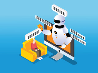 Domestic personal robot for old people assistance 3d isometric vector illustration