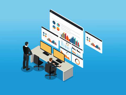 Businessman or data analysts working at desk analyzing data 3d isometric vector illustration