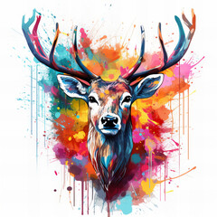 Vibrant Watercolor Stag Illustration with Splashes of Colorful Artistry for Creative Design Projects and Wall Art