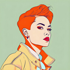 illustration of a young butch tomboy woman girl with short hair undercut, lipstick and eye shadow