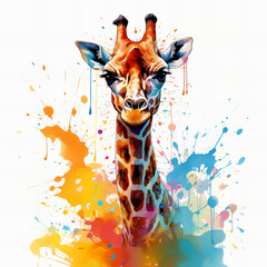 Vibrant Watercolor Giraffe Portrait with Colorful Splashes - Artistic Wildlife Illustration for Creative Design