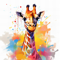 Colorful Watercolor Giraffe Portrait with Splashes of Paint - Modern Artistic Wildlife Illustration