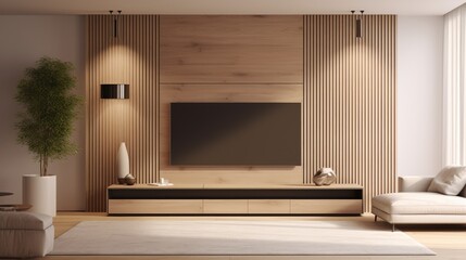 Modern living room with a TV cabinet against a wooden wall background, rendered in 3D.