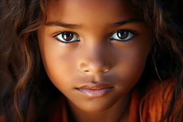 Close up of serious face of small girl child with tanned skin and brunette hair