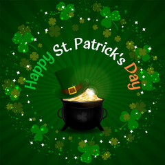 Happy St. Patrick's Day lettering on green background with clover or shamrock, pot of gold coins and leprechaun green hat. Vector illustration