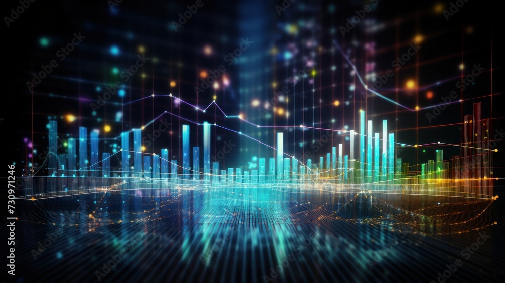 Poster representation of data analytics,charts, graphs and data driven insights emerging from a sea of info