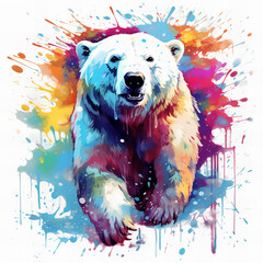Colorful Watercolor Polar Bear with Vibrant Splashes - Artistic Wildlife Illustration for Creative Design