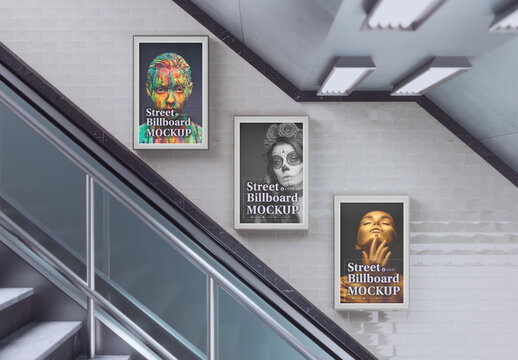 Subway Scene with 3 Advertisement Posters Mockup