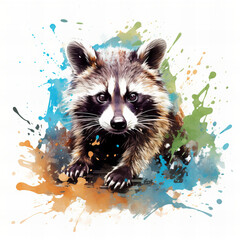 Colorful Artistic Raccoon Illustration with Vibrant Watercolor Splashes - Wildlife Art for Creative Designs