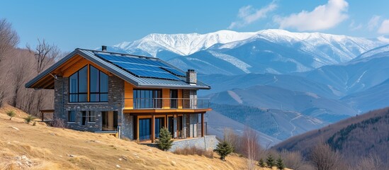 Fototapeta na wymiar Solar panels on wooden house roof in natural nature environment