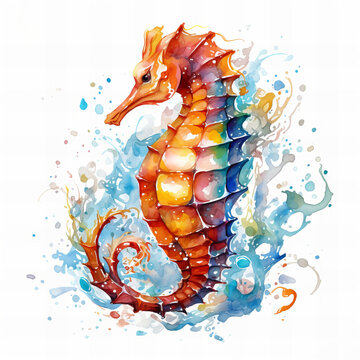 Vibrant Watercolor Seahorse Illustration with Splashing Ocean Motifs and Colorful Artistic Expression for Creative Stock Imagery