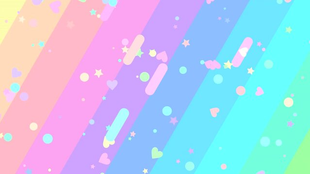 Looped cartoon rainbow background with hearts, stars, circles, and rounded rectangles animation.
