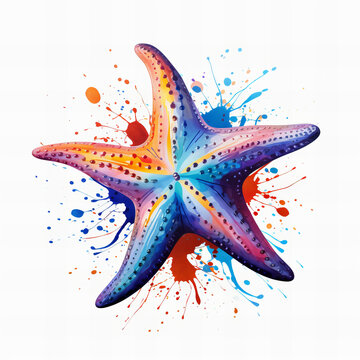 Vibrant Watercolor Starfish Illustration with Splashes of Colorful Paint - Underwater Marine Life Artistic Concept