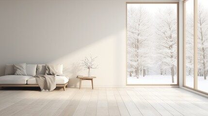Minimalist white room with a wooden floor and a large wall decor, showcasing a white landscape through the window. Nordic inspired home interior depicted in a 3D illustration.