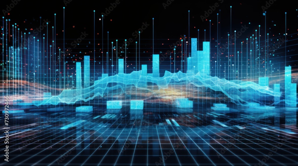Poster representation of data analytics,charts, graphs and data driven insights emerging from a sea of info