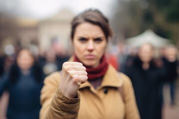 Clenched fist of defocused woman with group of woman in blurry background