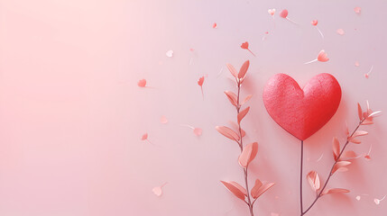Valentine's day background with red heart on pink background. Decorative pattern for card, invitation, poster,  wedding or greeting. Copy space.
