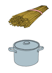 Pot and spaghetti - hand-drawn illustration and digital colorized on transparent background 
