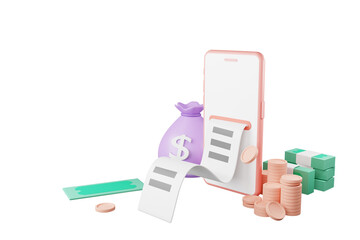 3D rendering. Online payment with receipt coming out of phone. And there's money around online payment concept