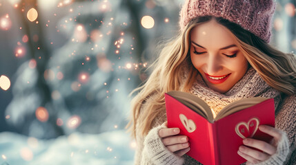Beautiful young woman in warm clothes is reading a book and smiling.