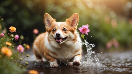 Corgi Dog Running on water stream Outdoors with flowers. beautiful nature with happy pet.