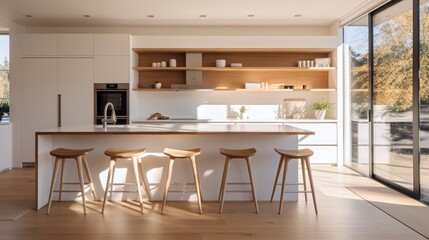 Minimalistic style kitchen with white color scheme, island, bar stools, large windows, and dish rack.