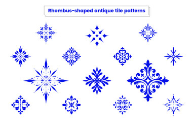 Vector Rhombus-shaped antique tile patterns vintage baroque royal floral plant leaf ornament imperial rococo decor fabric texture classic elements set elegant art pattern set collection 