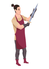 Blacksmith worker. Craftsmanship making steel tools. Character with hammer making goods in foundry workshop. Worker making some items.  cartoon person