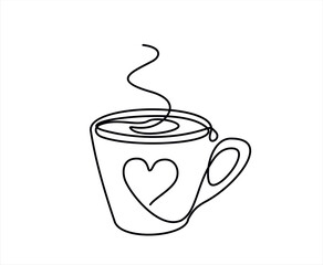 One line drawing of cup of coffee with heart. Continuous single hand drawn vector illustration, minimalism