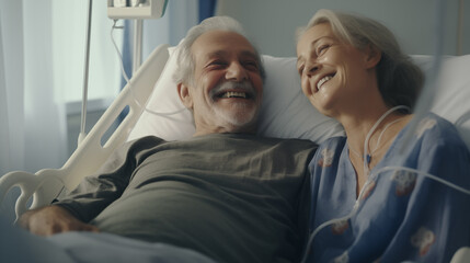 Fototapeta premium Smiling old woman in hospital bed, health insurance. Good care from the hospital.