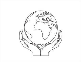 Single one line drawing of hands hold round earth. Globe icon silhouette for world protect concept. Infographics, business presentation isolated on white background. Design vector graphic illustration