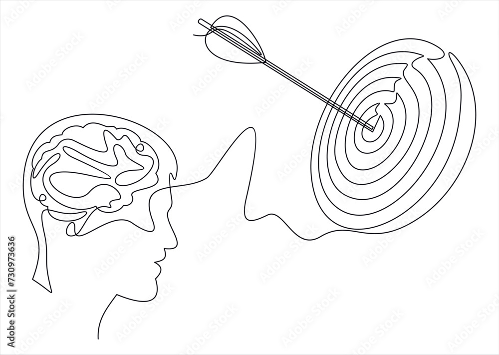Poster one continuous line drawing of head with target and arrow. mental health and success focus concept i